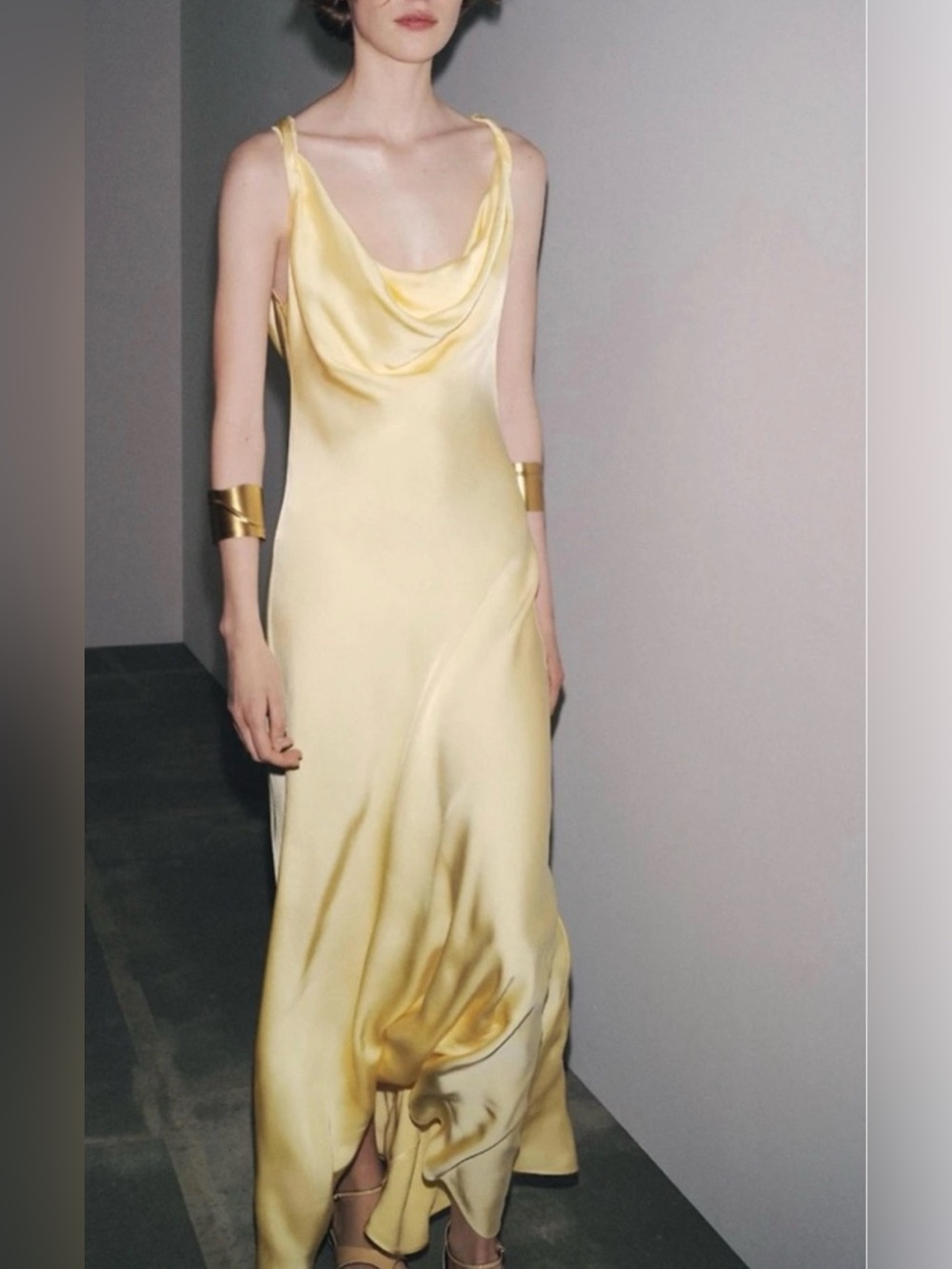 Zara Cowl Neck Draped Satin Effect Spaghetti Strap Maxi Dress Yellow Size Small